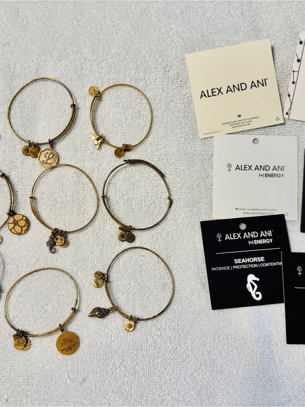 Lot of 9 Alex and Ani Expandable Bangle Bracelets Gold Tone Charms + Cards